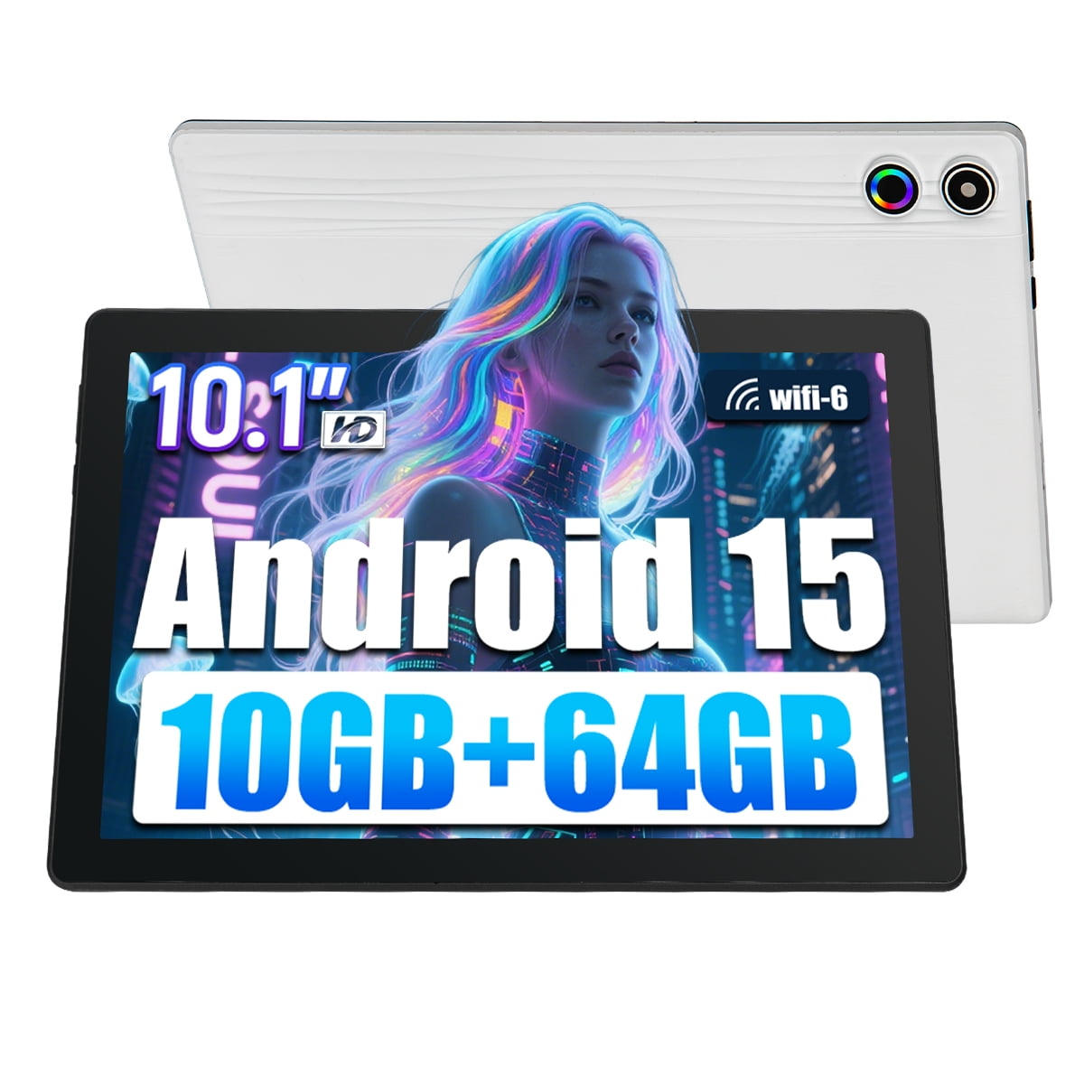 AEEZO 10.1inch Android 15 Tablet, Octa-Core Touch Screen Tablet, 10GB RAM+64GB ROM(Expand to 1tb), 5MP+8MP Dual Cameras, Dynamic Halo, Face ID, Bluetooth, WiFi 6, 5000mAh Battery,White