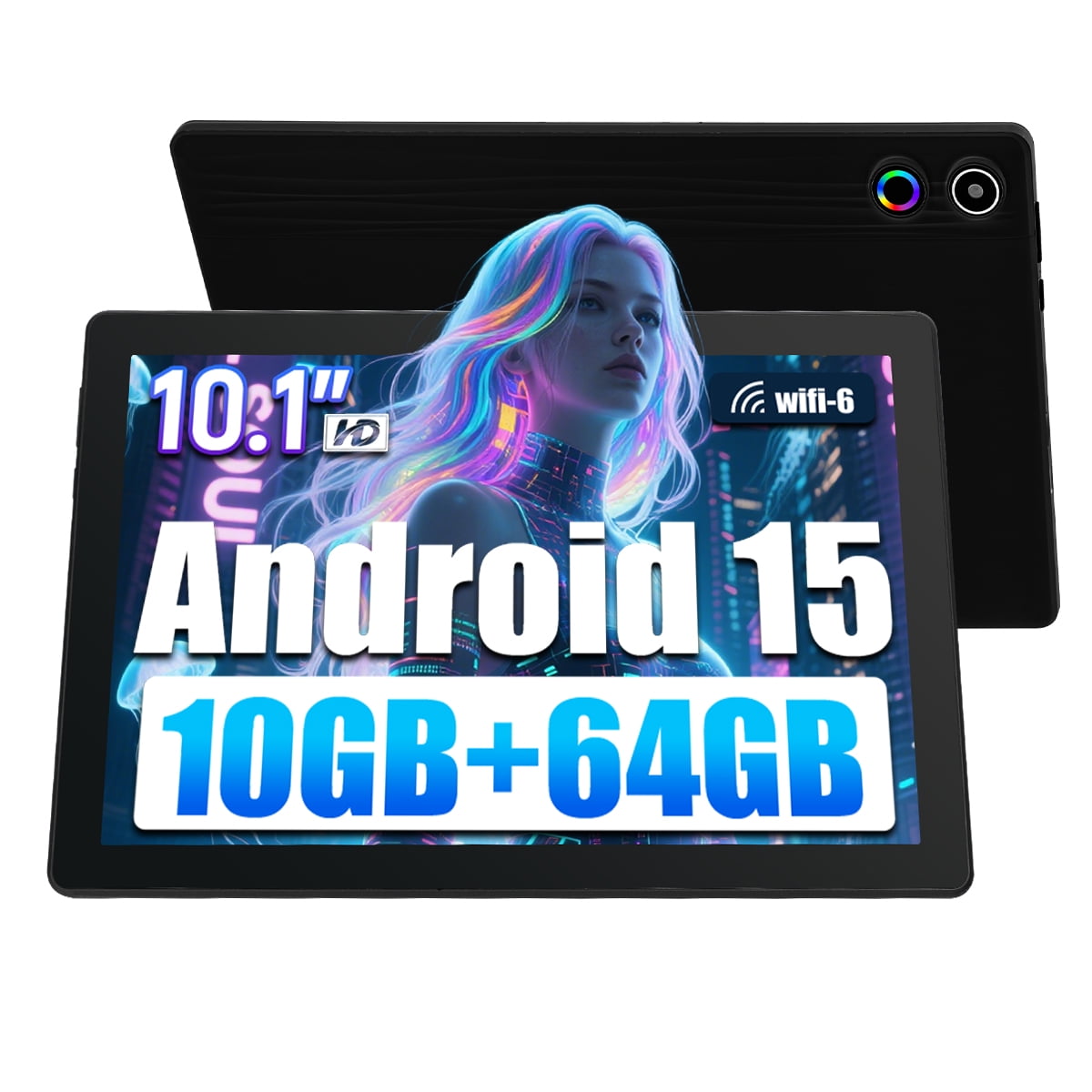 AEEZO 10.1inch Android 15 Tablet, Octa-Core Touch Screen Tablet, 10GB RAM+64GB ROM(Expand to 1tb), 5MP+8MP Dual Cameras, Dynamic Halo, Face ID, Bluetooth, WiFi 6, 5000mAh Battery,Black