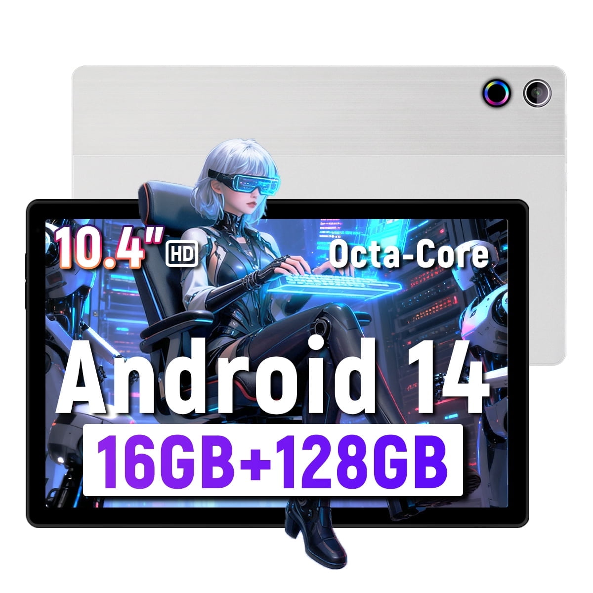 AEEZO 10.36'' Android 14 Tablet with 16GB RAM 128GB ROM 1TB TF Card Expandable Octa-Core, Widevine L1, 1280 * 800 HD Touchscreen, Face ID, Wi-Fi 6, Fast Charging - Silver