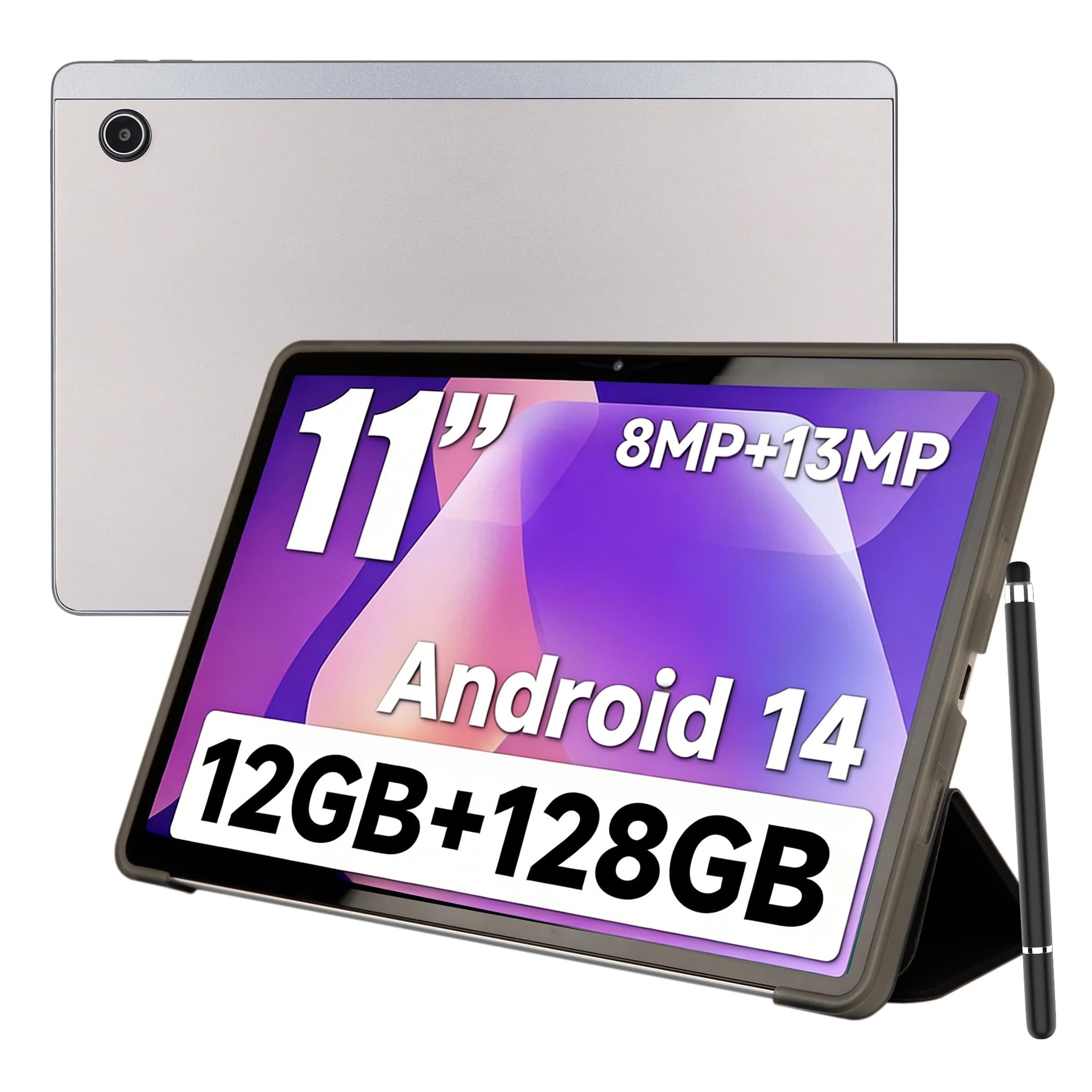 AEEZO 11inch 2K Tablet Android 14 with Octa-Core Processor,12GB RAM 128GB ROM(1TB TF Extensions),2000x1200 FHD IPS Display,8MP+13MP, Split-Screen, 6800mAh,Wi-Fi 6,Silver with Case & Pen
