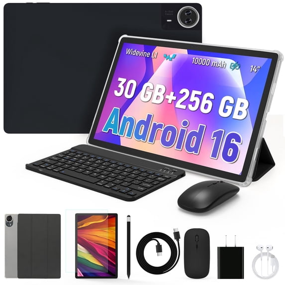 AEEZO 14 inch Large Screen Tablet,Android 16 Tablet Set with Keyboard Case Mouse Stylus Pen,30GB RAM 256GB ROM,1920*1200 FHD Display, 5MP+8MP Dual Camera 10000mAh battery WiFi6 Bluetooth