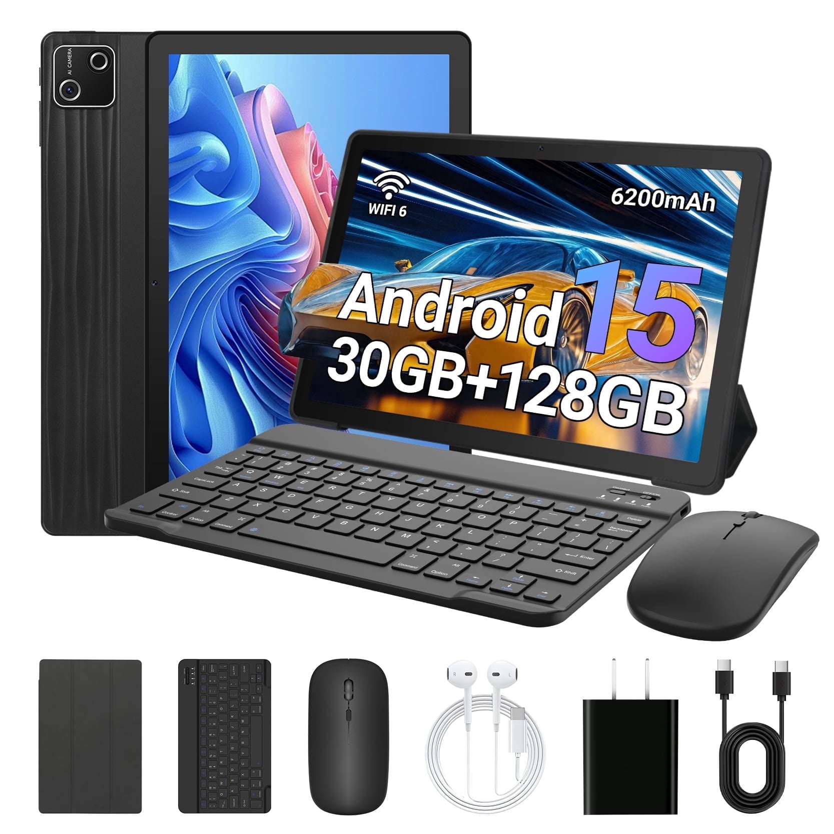 AEEZO 2026 Newest Android 15 Tablet with Keyboard, 30GB(6+24)RAM+128GB Storage(Expand to 1TB), 6200mAh Battery, Widevine L1, 10 Inch 2-in-1 Tablets with WiFi 6, BT5.0, Mouse, Case, Stylus(Black)