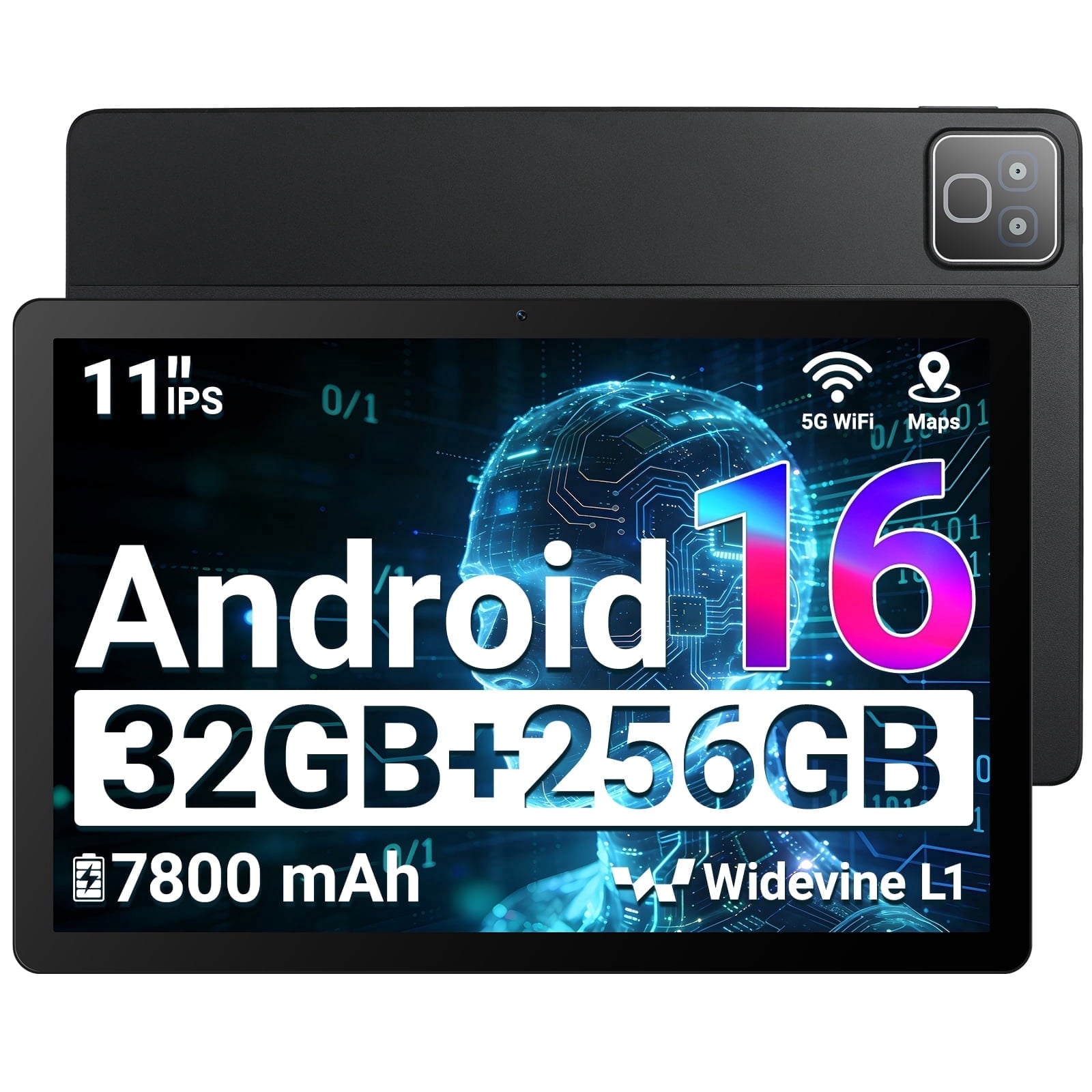 AEEZO 2026 Android 16 Tablet 11inch, Face Unlock, 32GB+256GB+1TB Expand, Octa-core CPU, 7800mAh Large Battery, WiFi6, Touchscreen Display, Widevine L1,Black