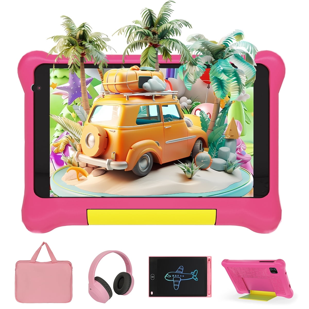 AEEZO 7" Kids Learning Tablet Bundle - Headphones, Stylus & Bag, Pre-Installed & Parental Controls,Android 13 allwinner Go Quad Core, 5GB RAM + 32GB ROM, 128GB Expansion-Pink