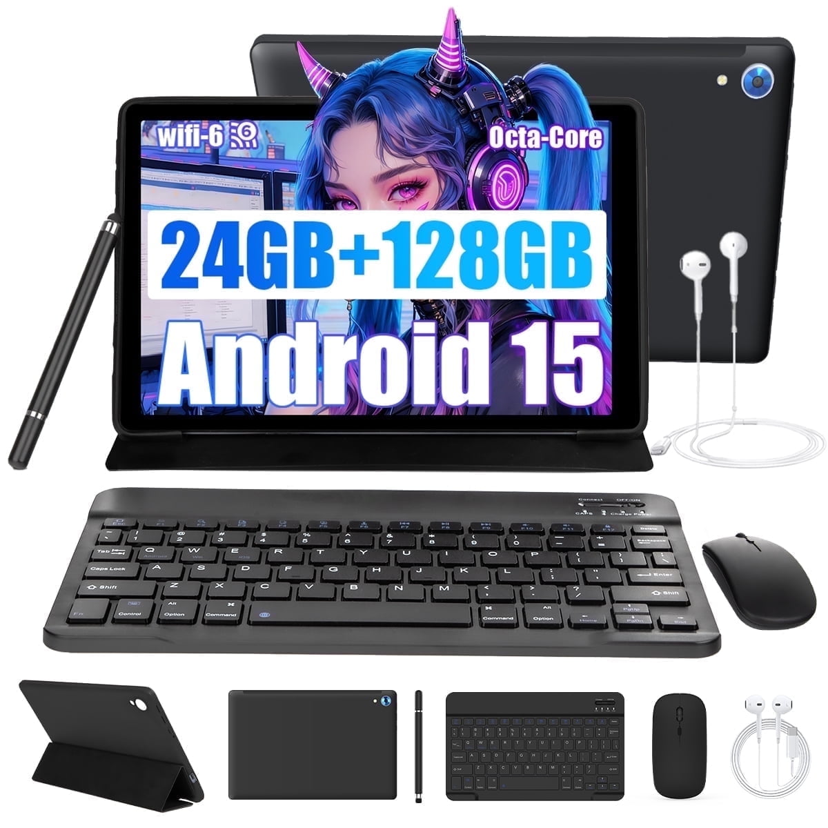 AEEZO 2025 Newest Android 15 Tablets 10inch with Case,Go Octa Core Tablet with 24GB+128GB/1 TB Expansion, WiFi 6, 5MP+8MP Camera, 5000mAh, Split-Screen,Black+Keyboard & Mouse Set Black