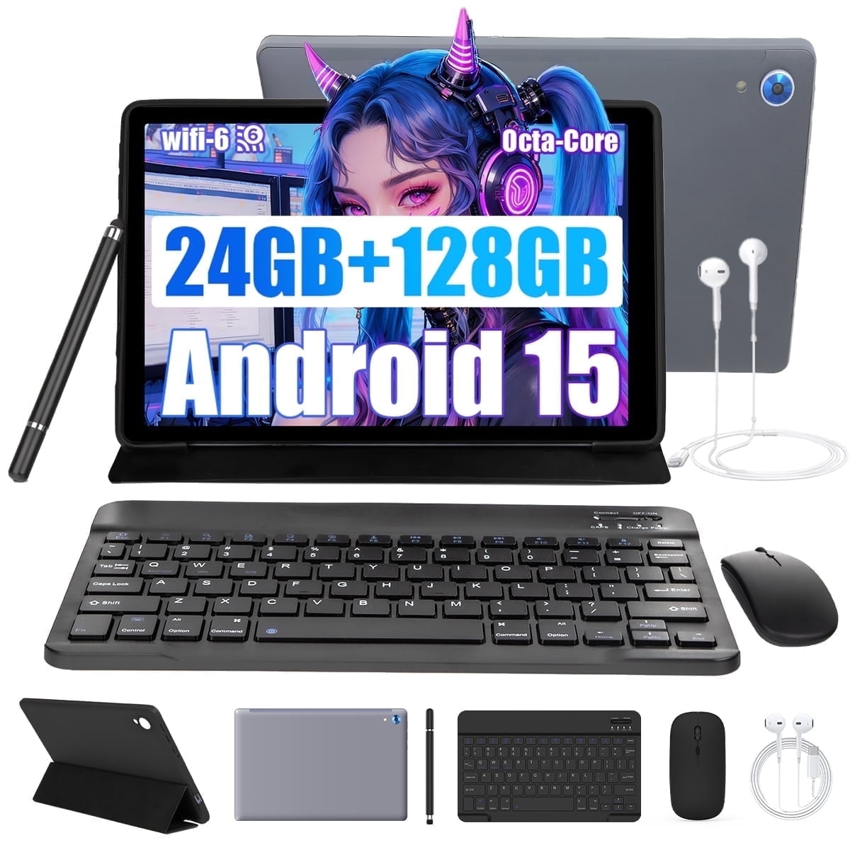 AEEZO 2025 Newest Android 15 Tablets 10inch with Case,Go Octa Core Tablet with 24GB+128GB/1 TB Expansion, WiFi 6, 5MP+8MP Camera, 5000mAh, Split-Screen,Gray+Keyboard & Mouse Set Black