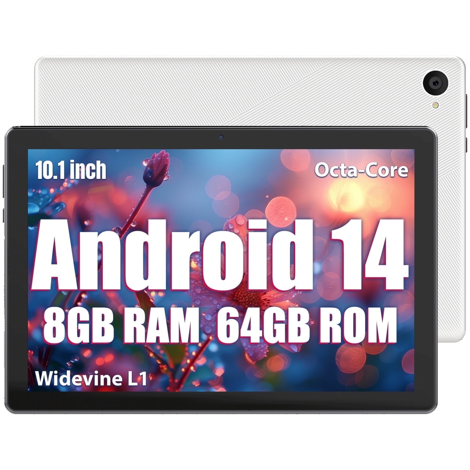 AEEZO Android 14 10.1 inch Tablets with 1280 * 800 IPS HD Touchscreen, 8-Core, 8GB RAM 64GB ROM+1TB TF, Widevine L1, Face ID, Wi-Fi 6 - White