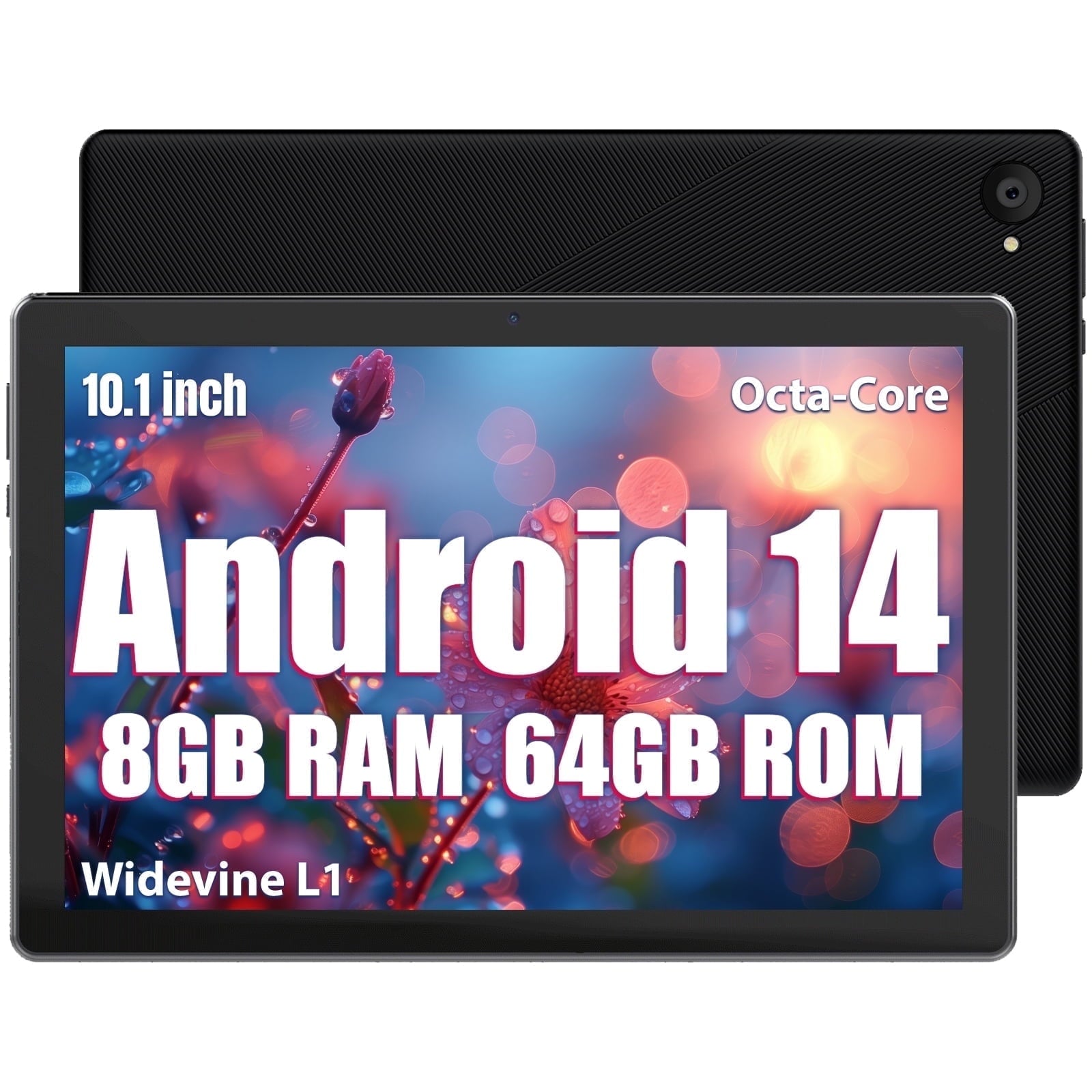 AEEZO Android 14 10.1 inch Tablets with 1280 * 800 IPS HD Touchscreen, 8-Core, 8GB RAM 64GB ROM+1TB TF, Widevine L1, Face ID, Wi-Fi 6 - Black