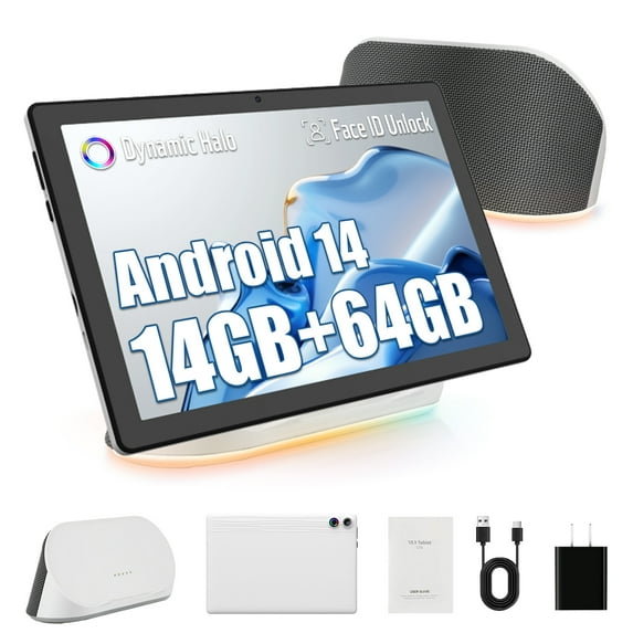 Android 14 Tablet with Rechargeable Stereo Speaker Audio Base, 10 inch Tablet with HD IPS Touch Screen, Otca-Core, 14GB RAM 64GB ROM 1T Expand, Wi-Fi 6, BT 5.3, Dual Camera, Google Tablet,White
