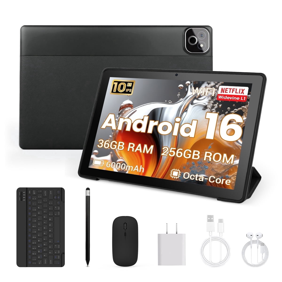 AEEZO Android 16 10inch Tablet,36GB RAM 256ROM,Tablets with Keyboard Case Mouse Stylus,1TB Expandable,5-Core 5000mAh 1280x800 IPS HD,5G WiFi,Dual Camera