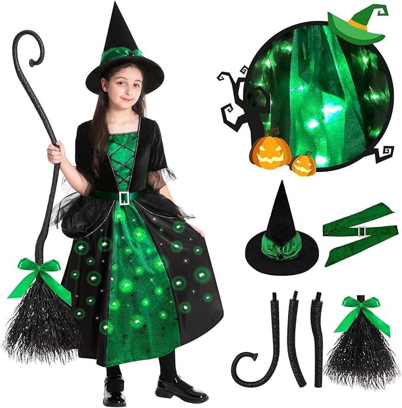 Girls Witch Halloween Costumes, Light Up Halloween Witch Dress with Broom and Hat for Kids Cosplay Party 10-12 Years