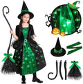 Girls Witch Halloween Costumes, Light Up Halloween Witch Dress with Broom and Hat for Kids Cosplay Party 8-10 Years