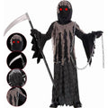 Grim Reaper Halloween Costume for Kids, Glowing Red Eye Phantom Outfit with Scythe & Gloves for 10-12 Years