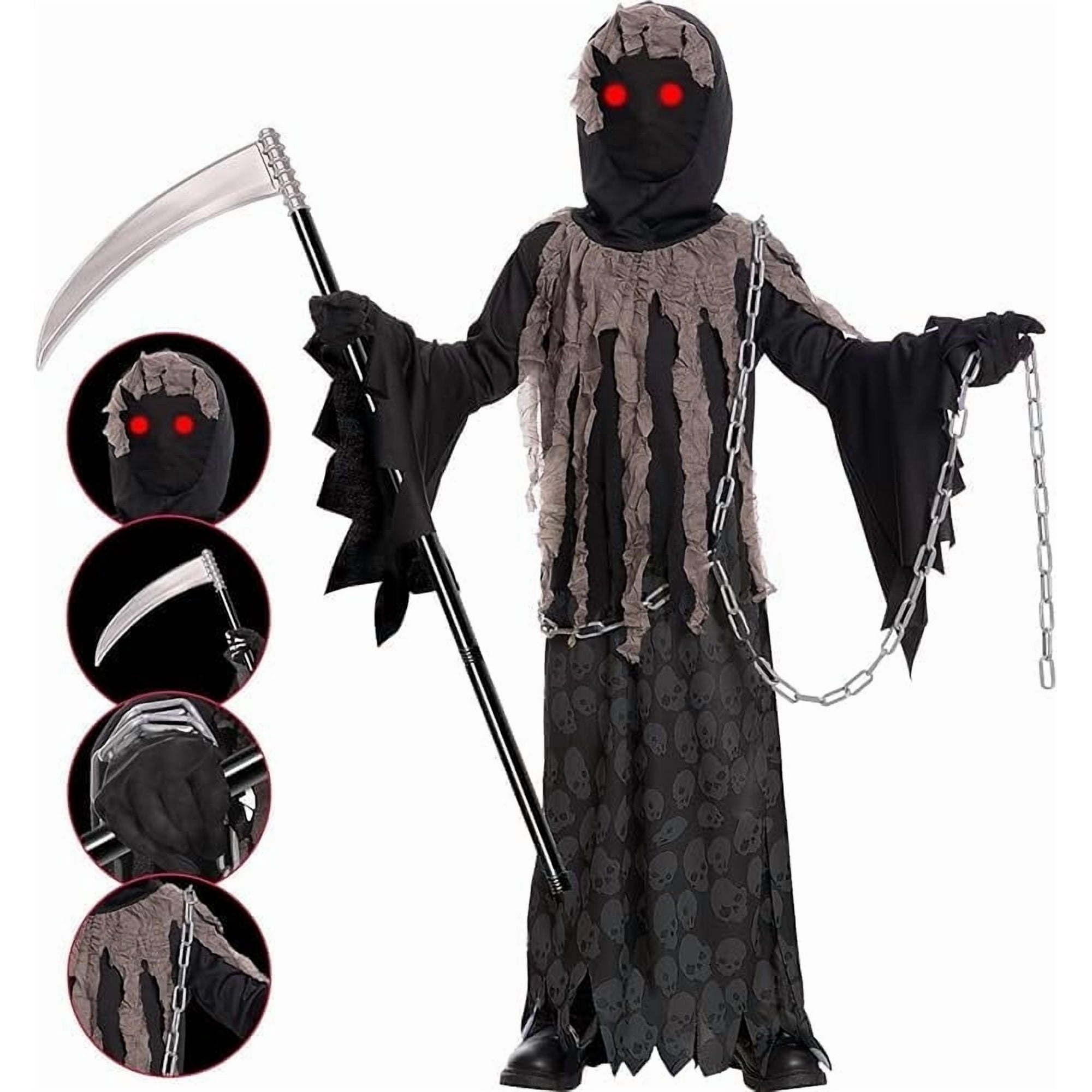 Grim Reaper Halloween Costume for Kids, Glowing Red Eye Phantom Outfit with Scythe & Gloves for 10-12 Years