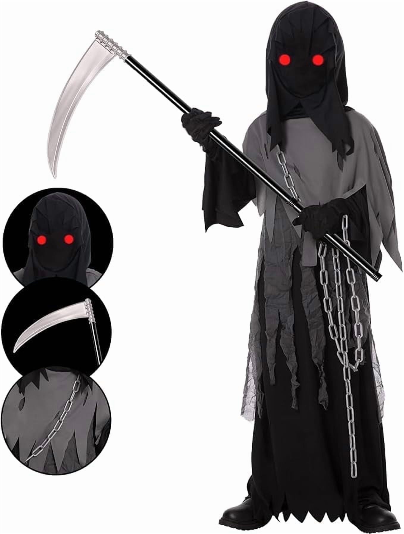 Kids Grim Reaper Costume with Glowing Red Eyes, Halloween Phantom Outfit Includes Scythe & Gloves for 12-14 Years