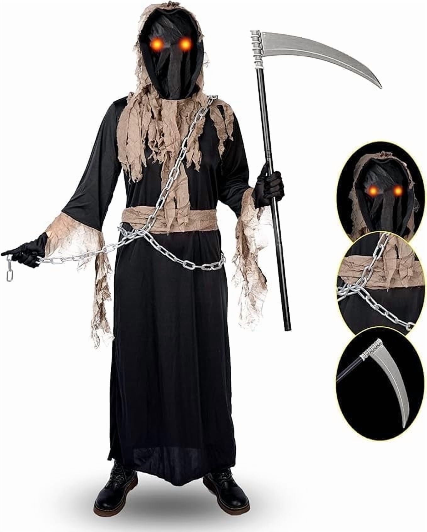 Grim Reaper Costume for Kids,Phantom Halloween Costume with Red Glowing Eyes, Gloves Scythe for 12-14 Years