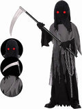 Kids Grim Reaper Costume with Glowing Red Eyes, Halloween Phantom Outfit Includes Scythe & Gloves for 5-7 Years