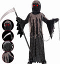 Grim Reaper Halloween Costume for Kids, Glowing Red Eye Phantom Outfit with Scythe & Gloves for 3-7 Years
