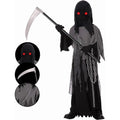 Kids Grim Reaper Costume with Glowing Red Eyes, Halloween Phantom Outfit Includes Scythe & Gloves for 8-10 Years