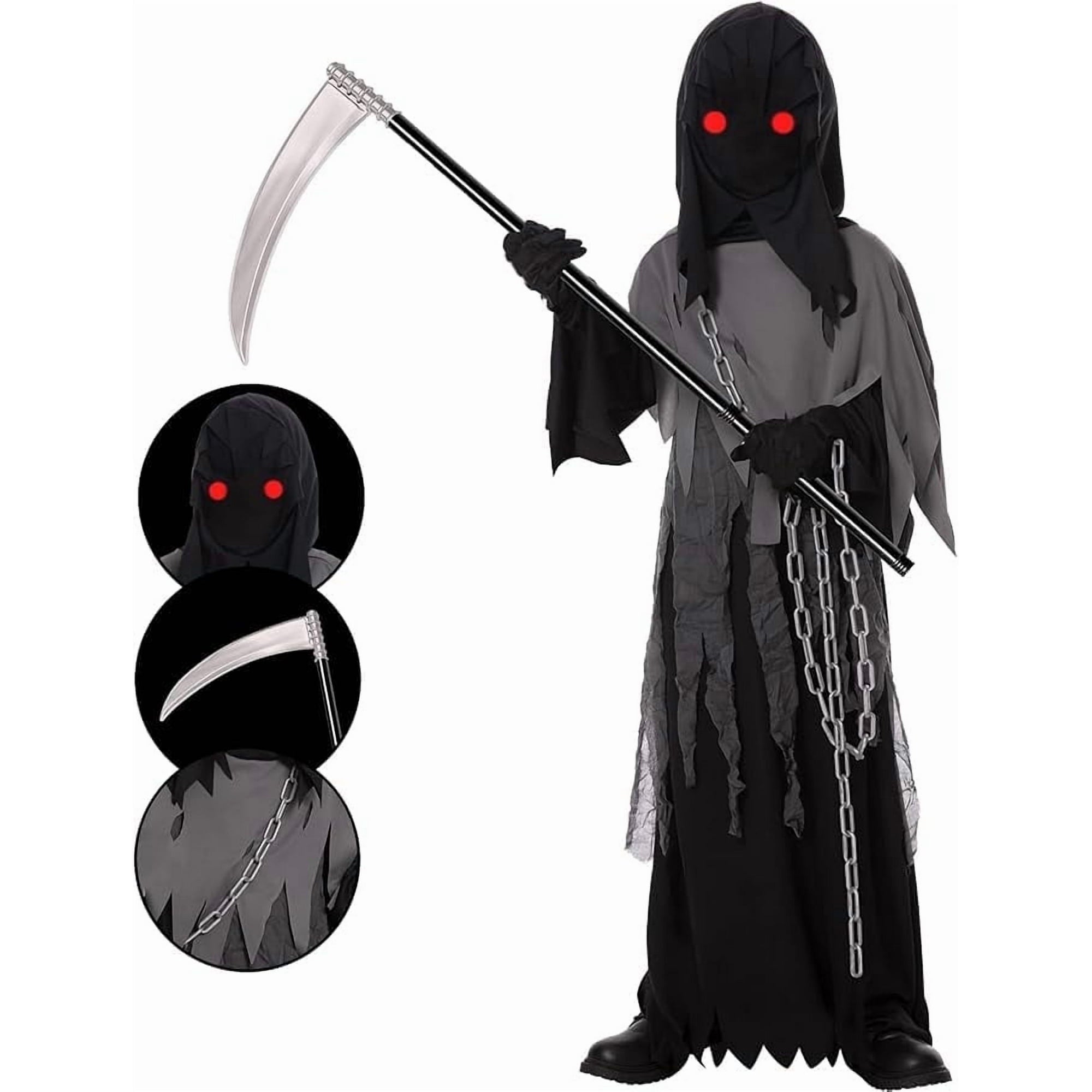 Kids Grim Reaper Costume with Glowing Red Eyes, Halloween Phantom Outfit Includes Scythe & Gloves for 8-10 Years