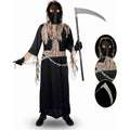 Grim Reaper Costume for Kids,Phantom Halloween Costume with Red Glowing Eyes, Gloves Scythe for 10-12 Years