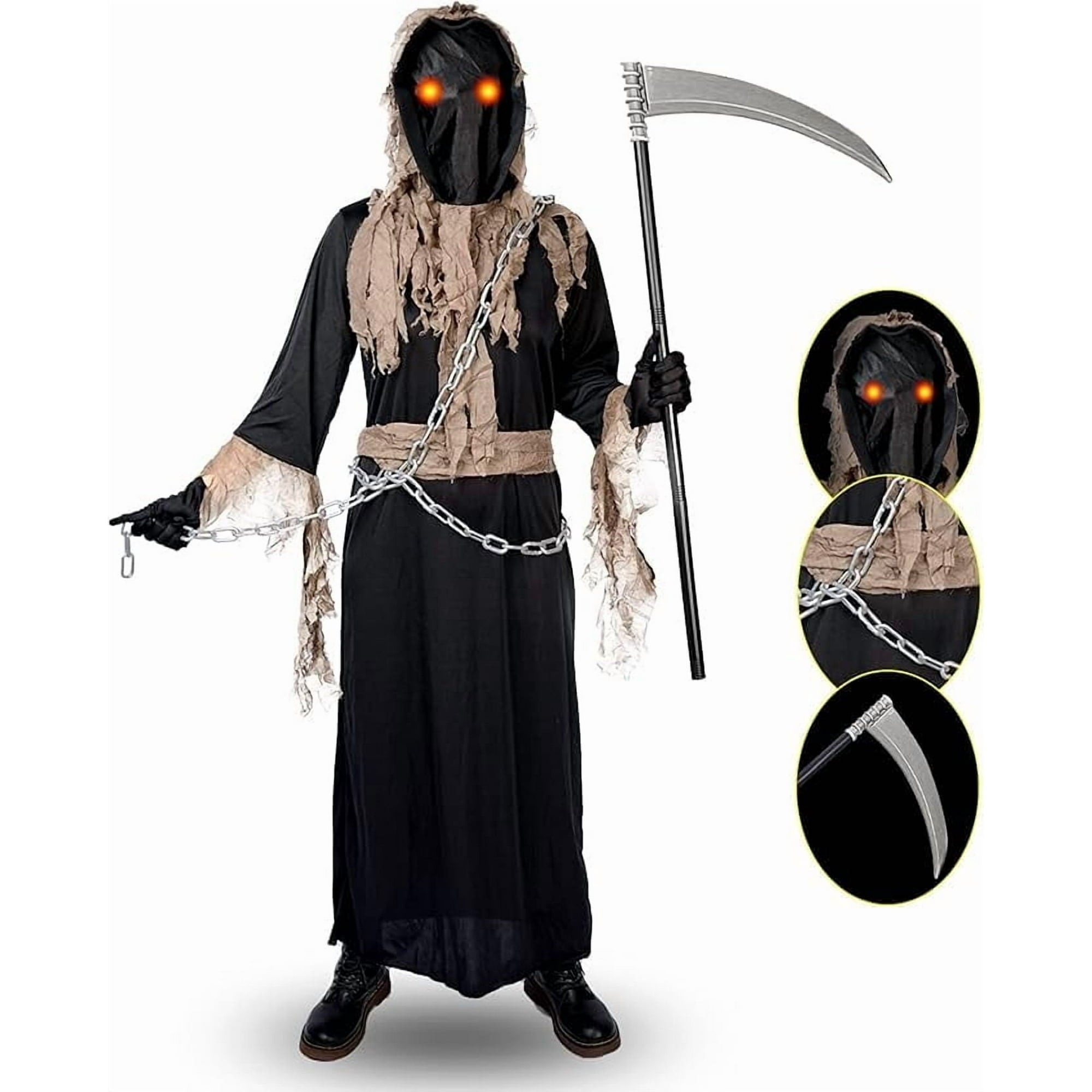 Grim Reaper Costume for Kids,Phantom Halloween Costume with Red Glowing Eyes, Gloves Scythe for 10-12 Years