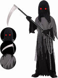 Kids Grim Reaper Costume with Glowing Red Eyes, Halloween Phantom Outfit Includes Scythe & Gloves for 10-12 Years