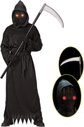 Kids Grim Reaper Costume with Glowing Red Eyes Halloween Scythe Set for 12-14 Years