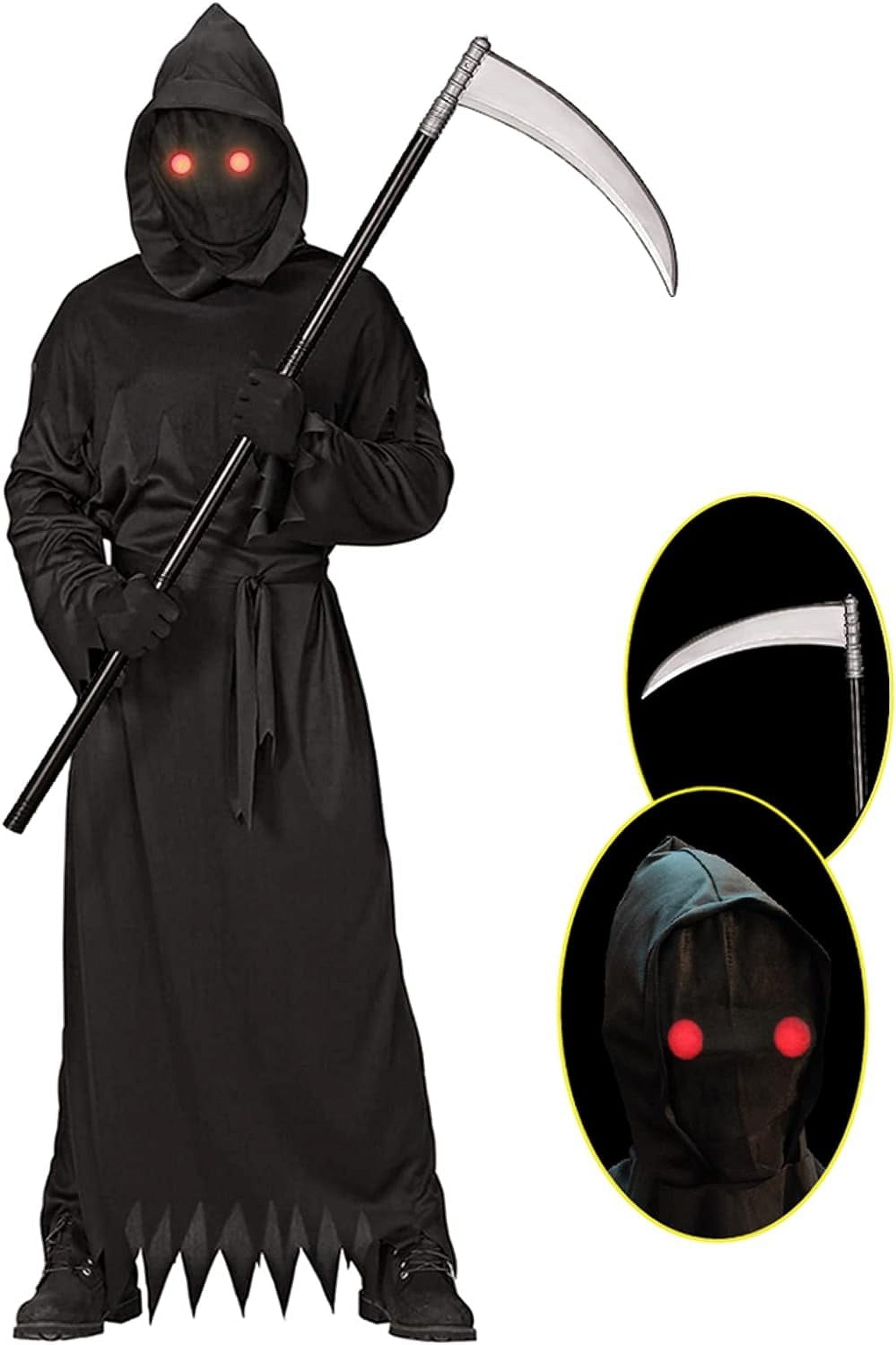 Kids Grim Reaper Costume with Glowing Red Eyes Halloween Scythe Set for 12-14 Years