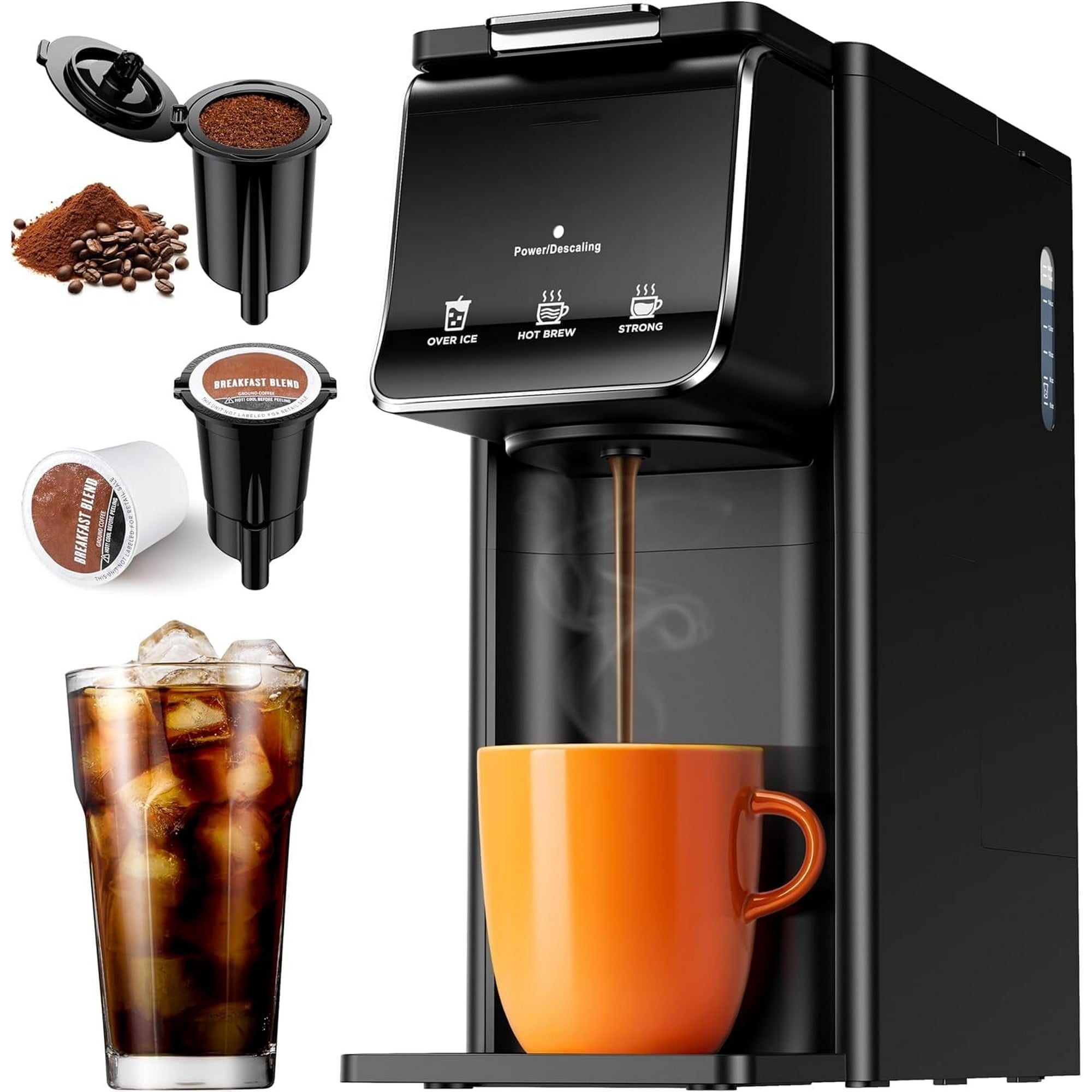Hot Iced Coffee Maker, K-Cups Ground Coffee, Single-Serve Brewer with Bold Setting, Reusable Filter, Travel Mug Friendly, Compact Quick Brew, Black