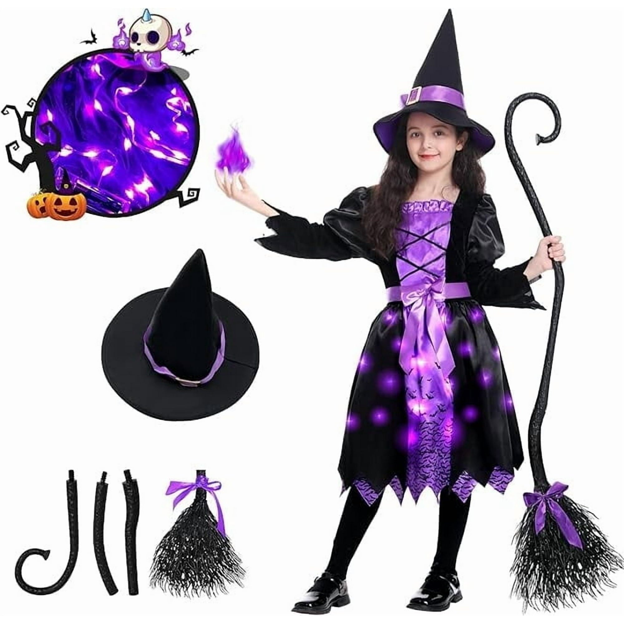 Halloween Girls Witch Costume, Toddler Witch Dress Light Up Set with Hat and Broom, Kids Costumes for Halloween Party for Ages 5-7