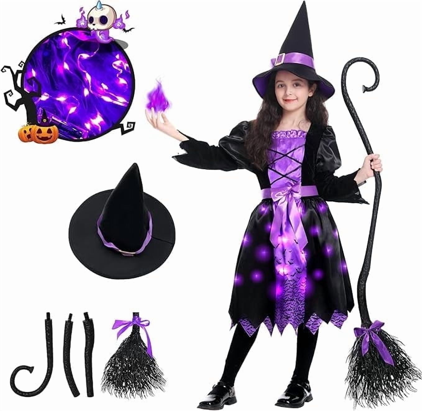 Halloween Girls Witch Costume, Toddler Witch Dress Light Up Set with Hat and Broom, Kids Costumes for Halloween Party for Ages 10-12