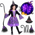 Sefiry Light-Up Witch Halloween Costume for Girls, LED Glowing Dress, Hat & Broom Set, 10-12T