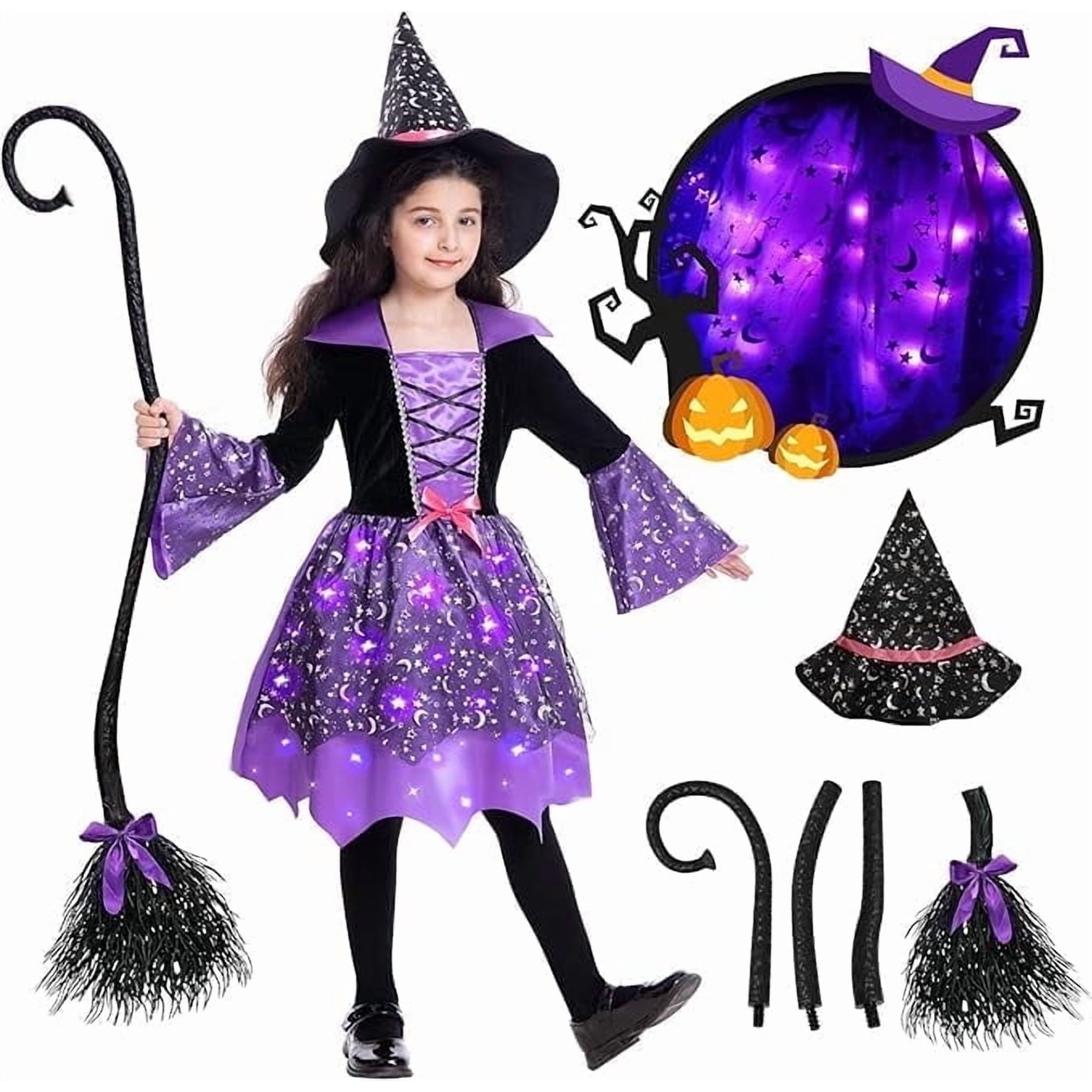 Sefiry Light-Up Witch Halloween Costume for Girls, LED Glowing Dress, Hat & Broom Set, 10-12T