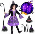 Sefiry Light-Up Witch Halloween Costume for Girls, LED Glowing Dress, Hat & Broom Set, 3-4T