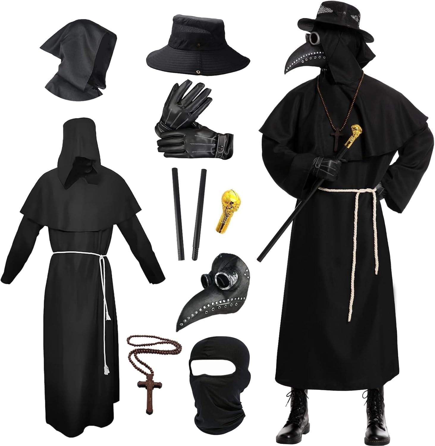 Plague Doctor Costume for Adult, 9 in 1 Halloween Costumes with Mask for Dress-Up Party