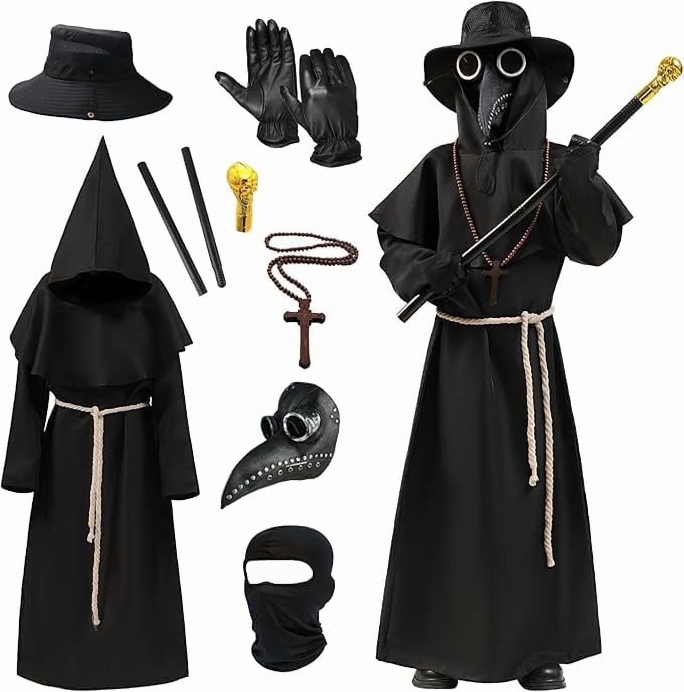 Plague Doctor Costume for Kids, 9 in 1 Halloween Costumes with Mask for Dress-Up Party for 8-10 Yeas