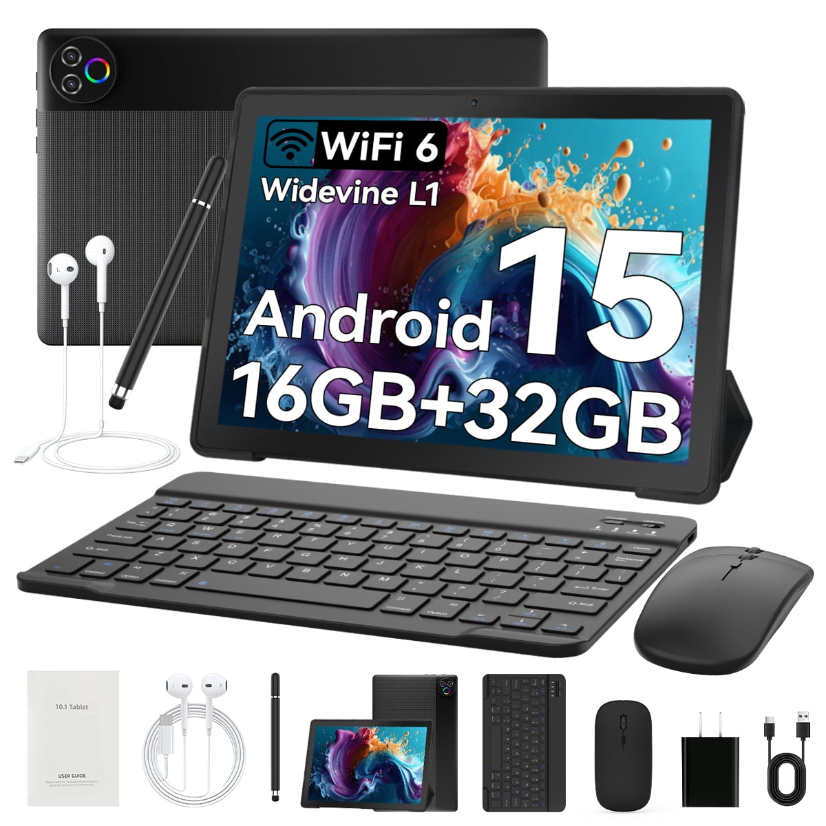 AEEZO Android 15 10inch Tablet Set,5-Core 16GB RAM+32GB ROM +1TB Expand,HD Touchscreen, Widevine L1, WiFi 5 Bluetooth 2.4,5MP+8MP Dual Camera, 5000mAh, Black