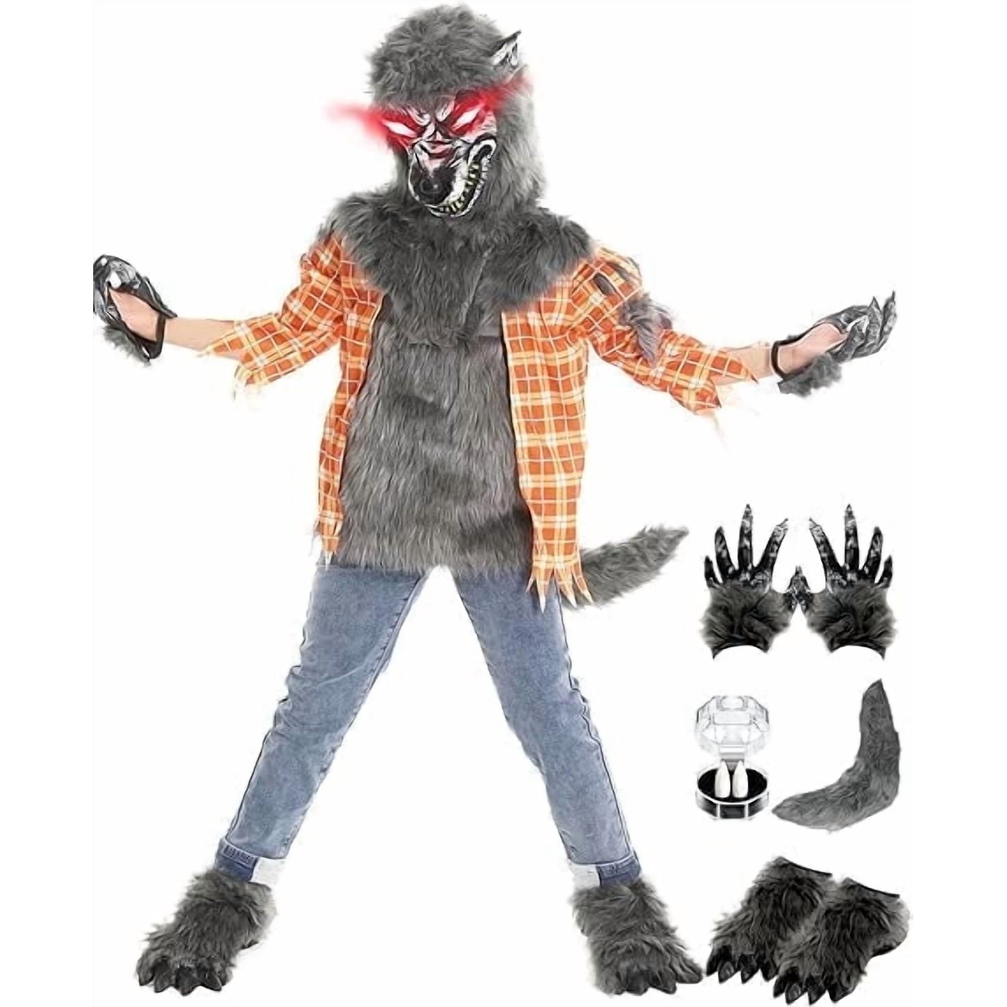 Sefiry Boys Wolf Costume Set ¨C Halloween Yellow Werewolf Outfit with Glowing Eyes Mask, Shoe Covers, Gloves, Tail & Vampire Fangs (12T-14T)