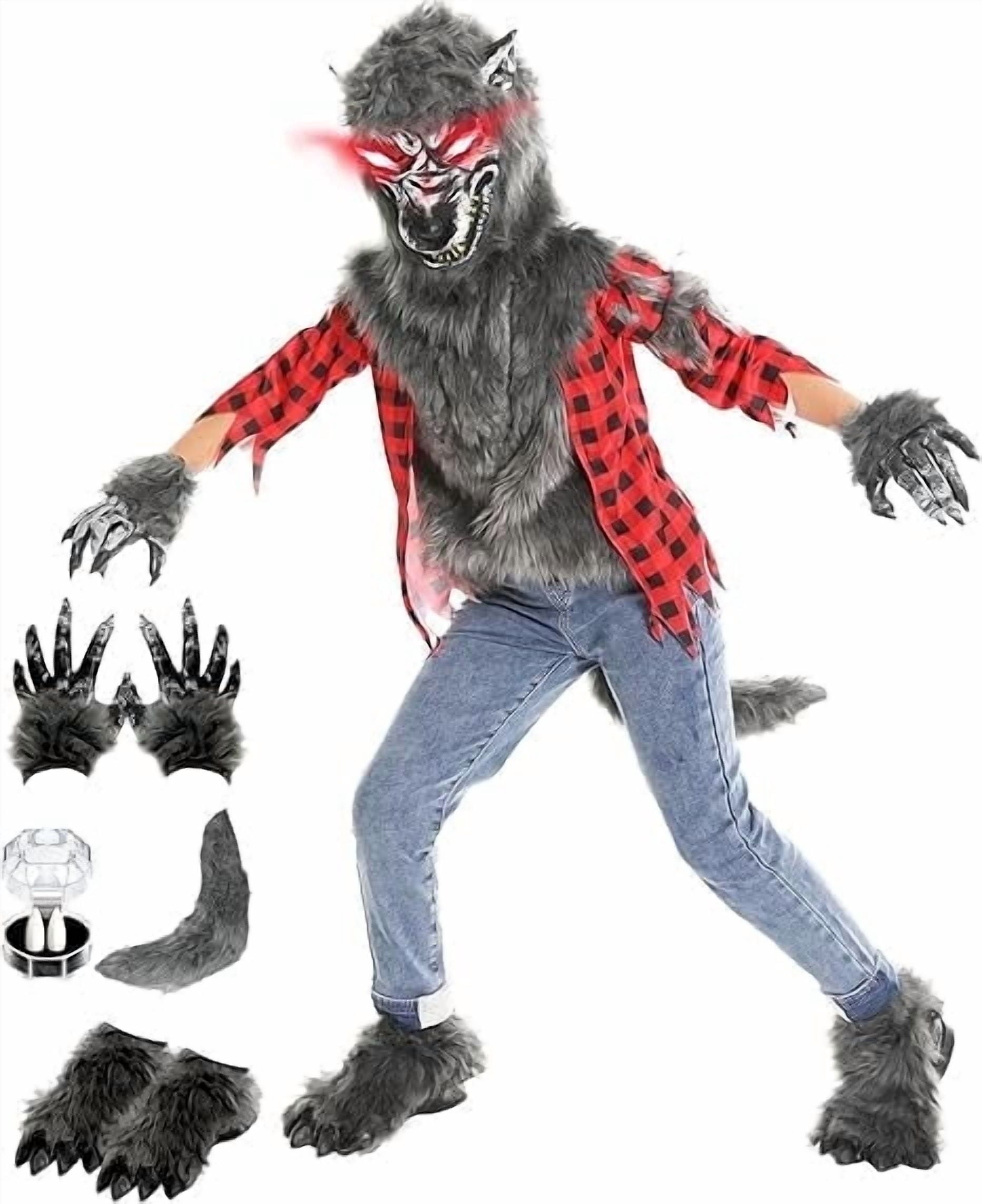 Sefiry Boys Wolf Costume Set ¨C Halloween Red  Werewolf Outfit with Glowing Eyes Mask, Shoe Covers, Gloves, Tail & Vampire Fangs (12-14T)