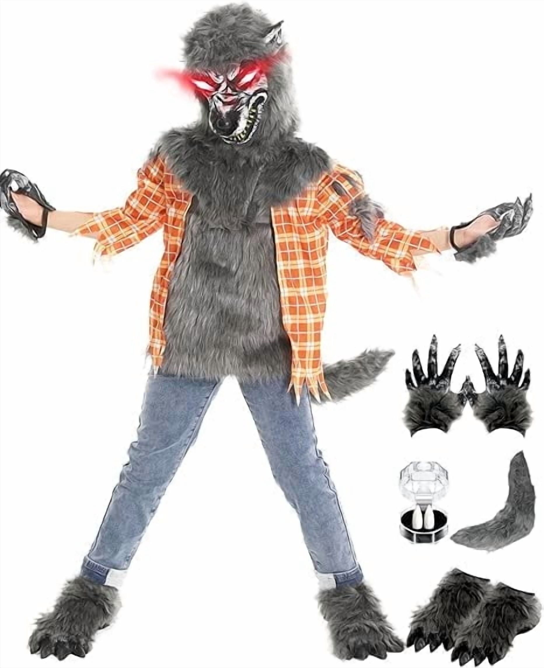 Sefiry Boys Wolf Costume Set ¨C Halloween Yellow Werewolf Outfit with Glowing Eyes Mask, Shoe Covers, Gloves, Tail & Vampire Fangs (10-12T)