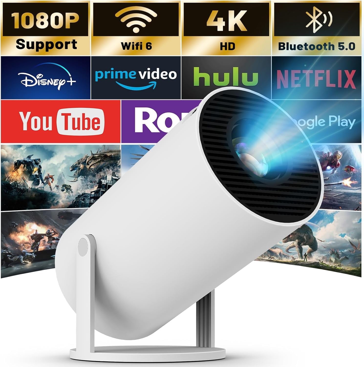 AEEZO Mini Projector with WIFI 6 and Bluetooth, 4K 1080P Support,Portable 180¡ã Rotatable 130'' Screen Movie Projector Auto Keystone Compatible for Laptop, PC, Smartphone