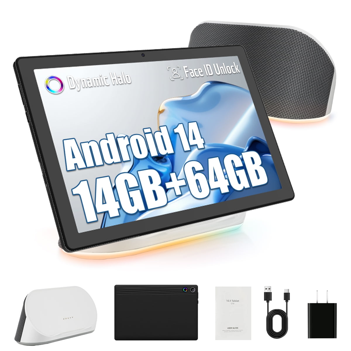 AEEZO Android 14 Tablet with Rechargeable Stereo Speaker Audio Base, 10 inch Tablet with HD IPS Touch Screen, Otca-Core, 14GB RAM 64GB ROM 1T Expand, Wi-Fi 6, BT 5.3, Dual Camera, Google Tablet